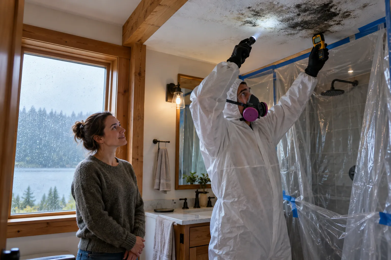 A local provider inspecting a dark mold patch on a ceiling corner in a Seattle home