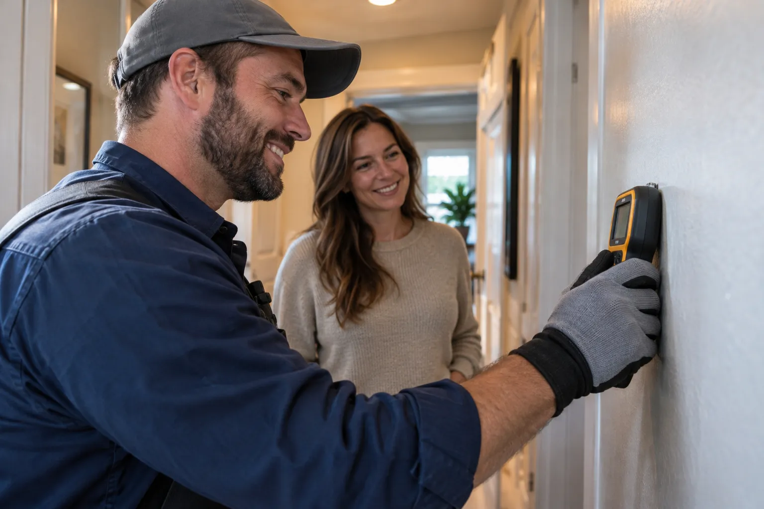 A provider checking a damp wall with a moisture meter in a Seattle home