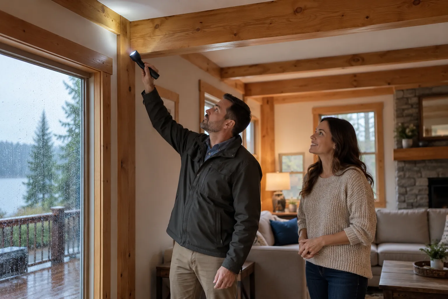 A homeowner talking with a friendly mold inspection provider in a bright living room in Seattle