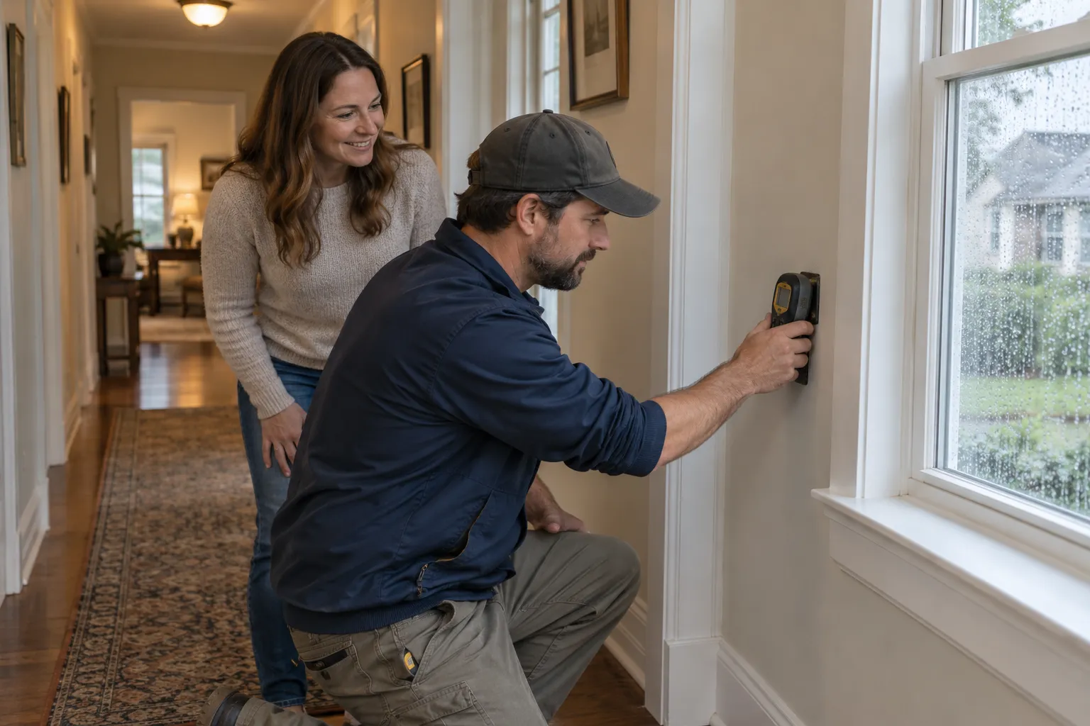 A friendly mold inspection provider checking a wall with a moisture meter in a Seattle home